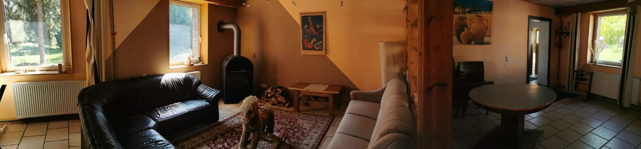 80 qm Begegnungsraum mit Kaminofen im Haus Wind